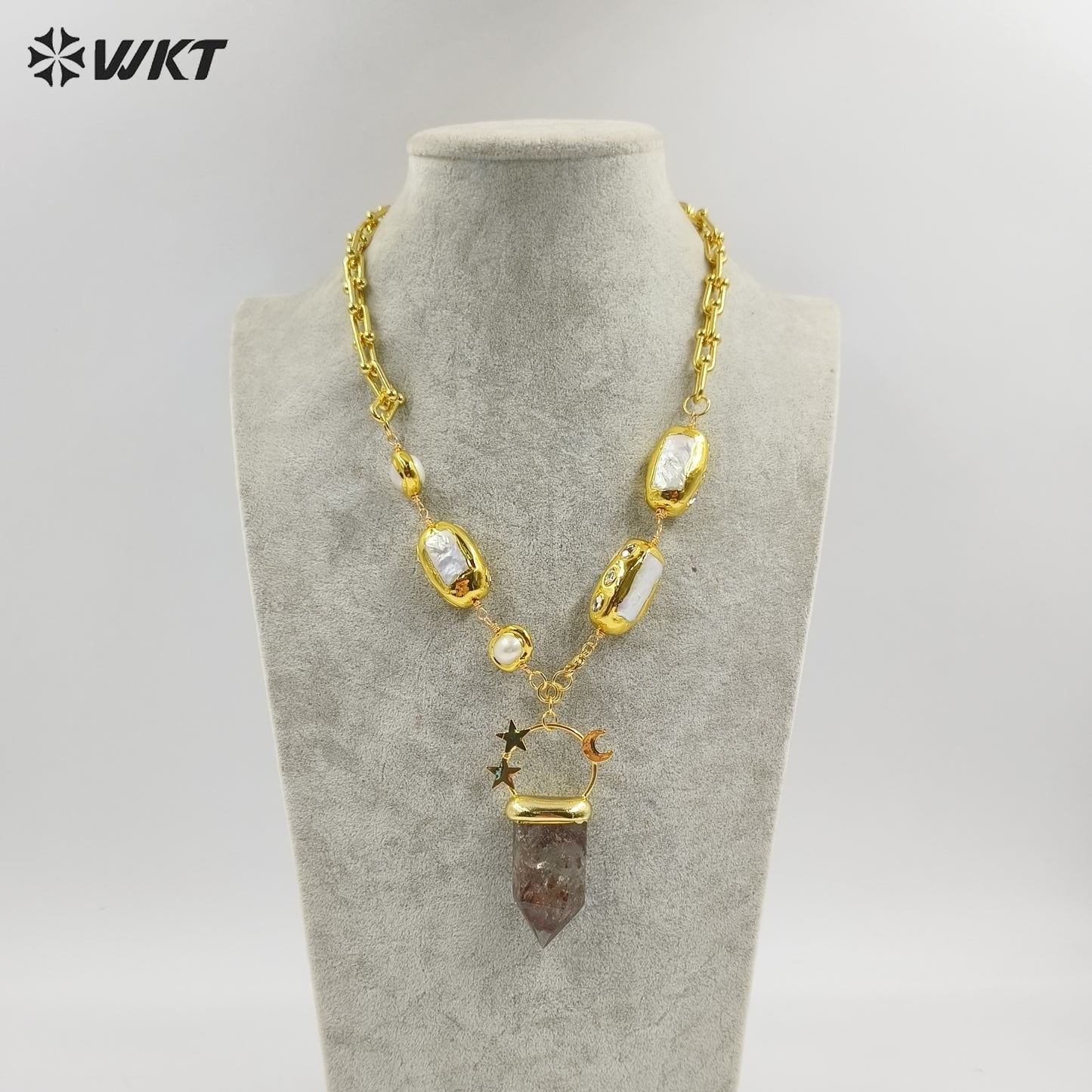 WT-JN255 Amazing WKT Unique Healing Energy Healing Quartz Stone With Real Pearl Beads Precious Pendant Necklace in 19 Inch Long