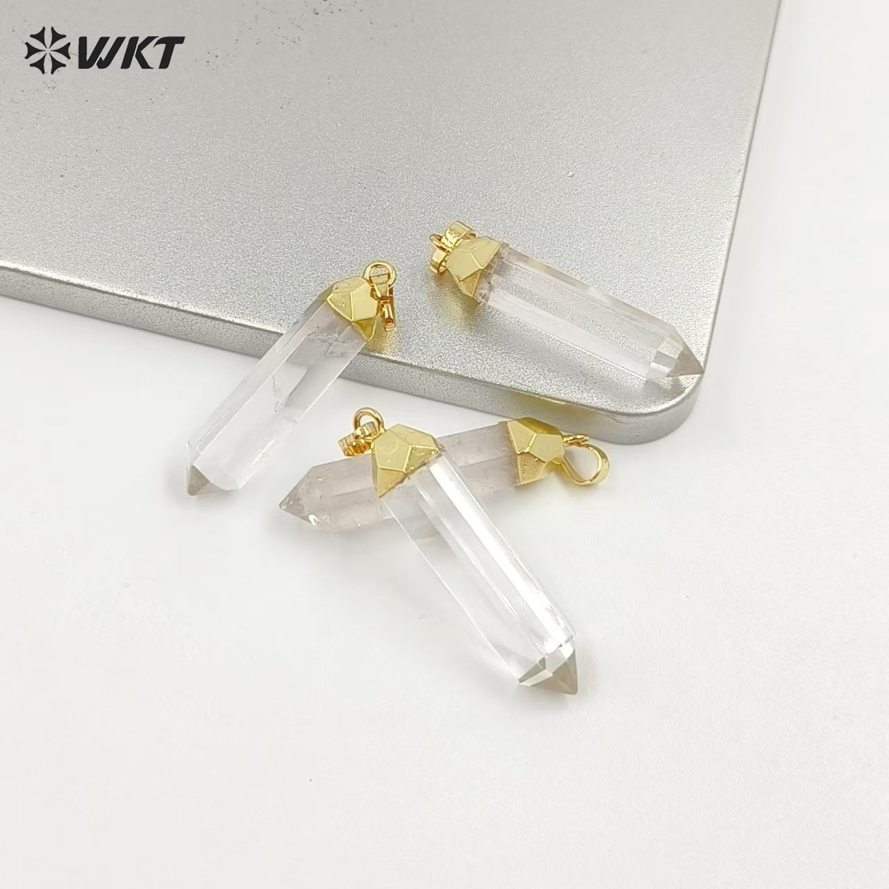 WT-P1029 Unique Clear Crystal Point Pendant for Necklace Making ,Wholesale 24k Real Gold Plated Quart Point Pendant