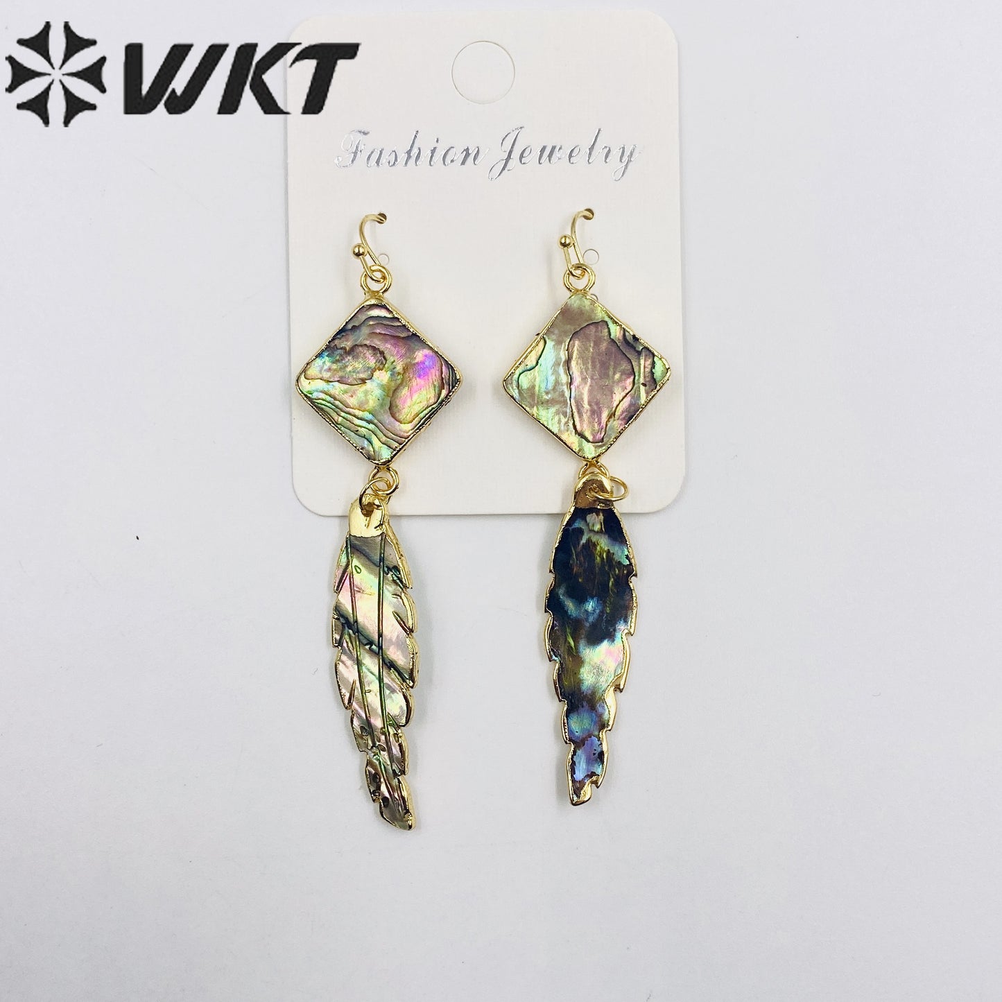 WT-E326 Wholesale 24K Gold Plated Square Abalone Shell Dangle Earring With Carved Abalone Shell Feather for Women