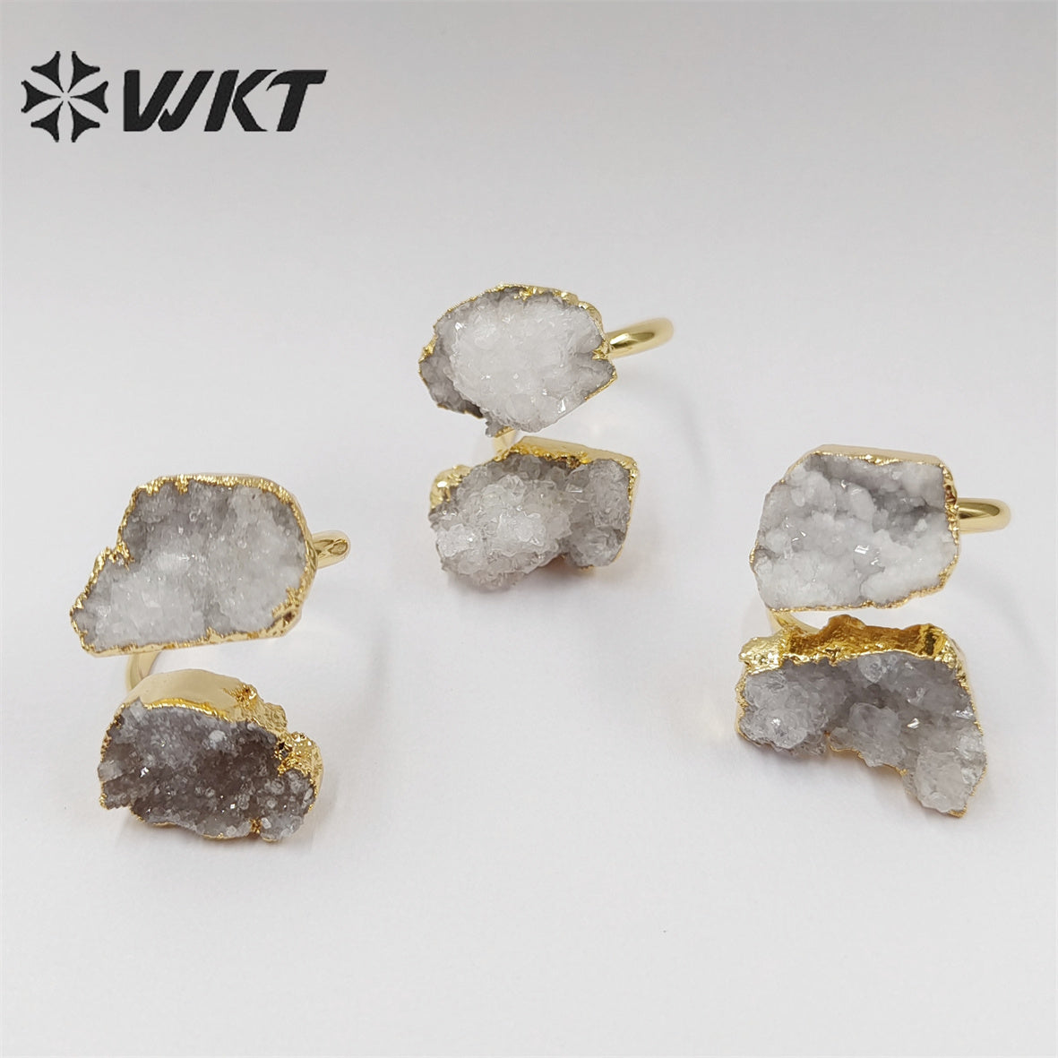 WT-R461 WKT New Material 18k Real Gold Plated Natural White Druzy Quartz Ring Women Fashion Trendy Energy Geode Agate Stone Ring