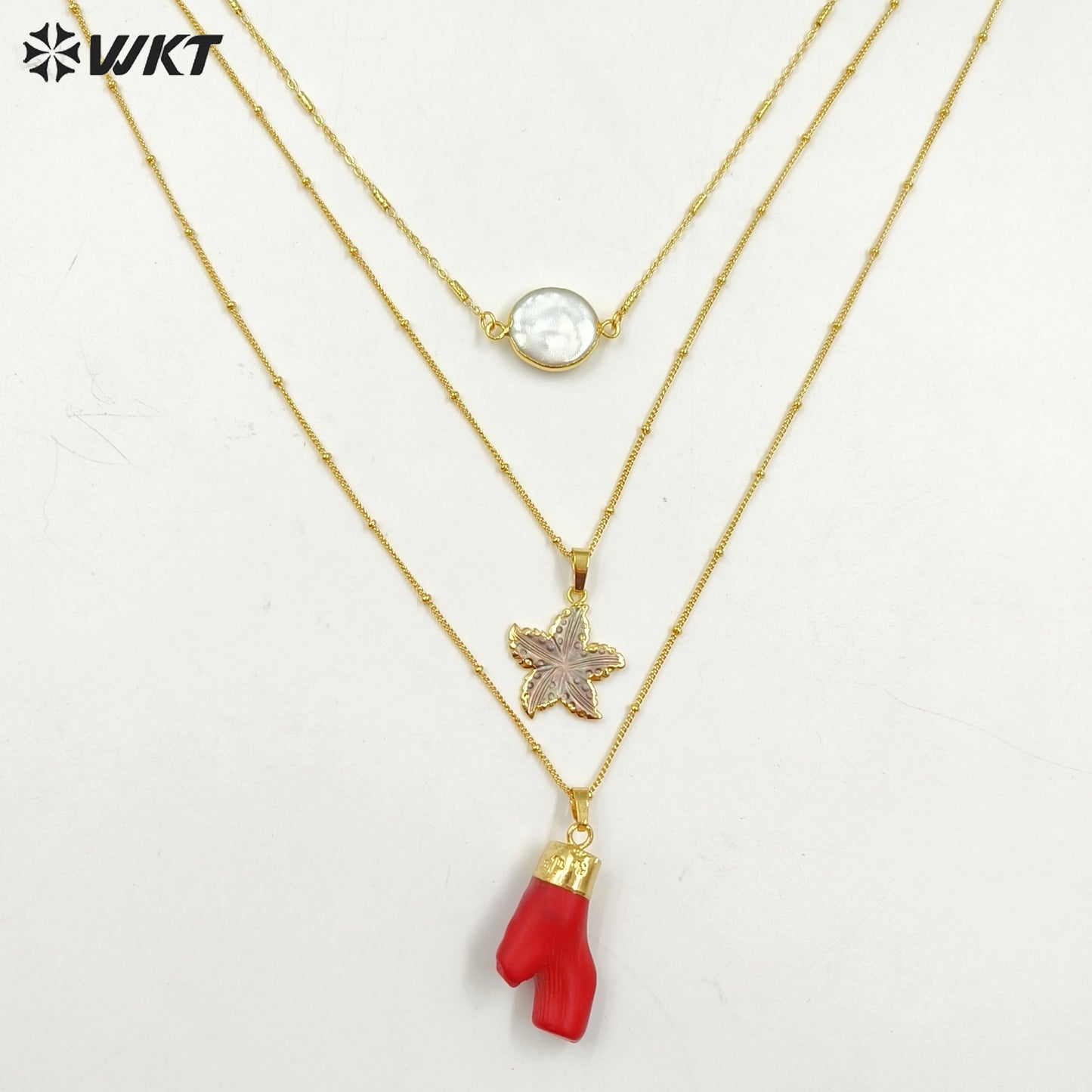 WT-N1325 Noble and Nice Jewelry with Freshwater Pearl Star Shape Shell Red Coral Pendants so Fashion Natural Stone Necklace