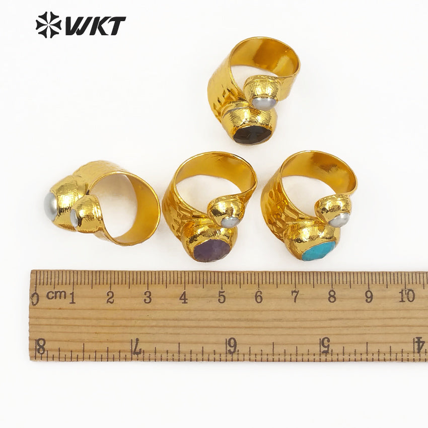 WT-R329 Fashion Design Women Adjustable Gold Jewelry Gemstone and Natural Freshwater Pearl Jade in Round Shape Ring