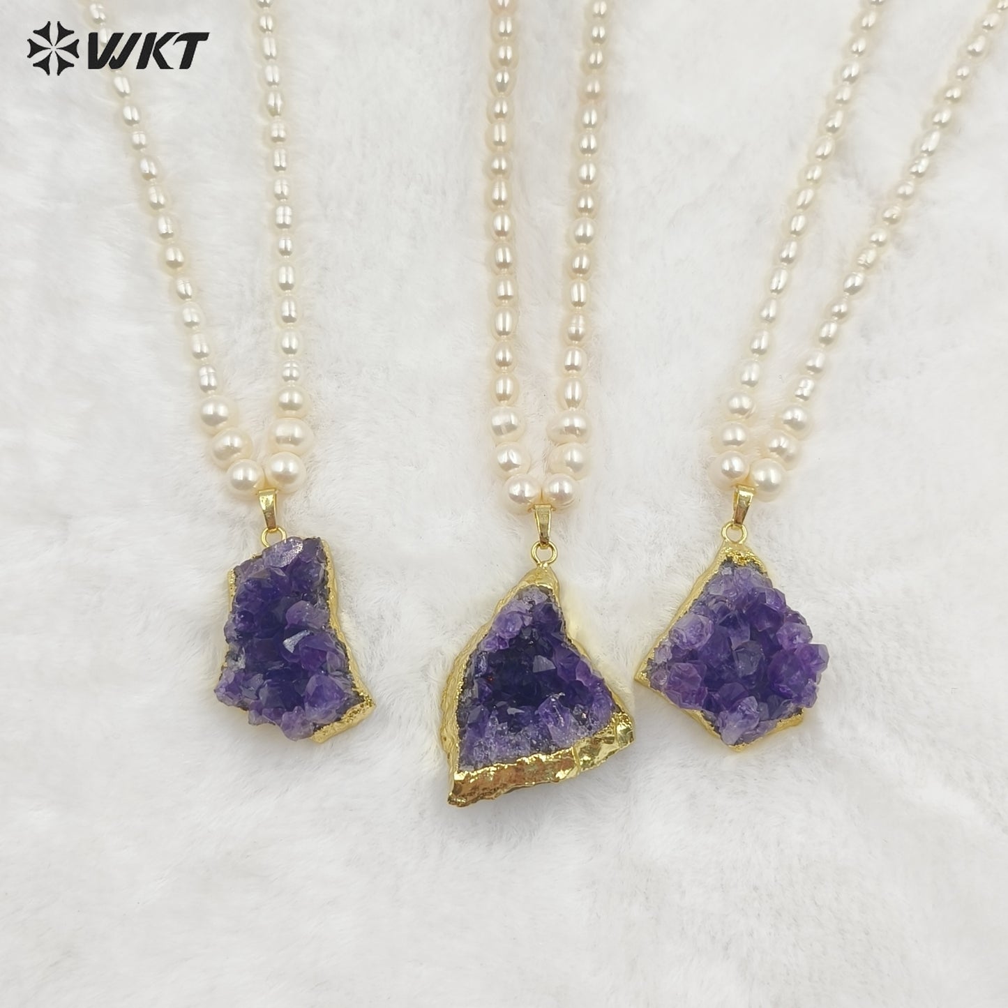 WT-JN259 Amazing Gorgeous Winter Rice Pearl With Big Natural Raw Druzy Amethyst Stone Necklace for Sweater