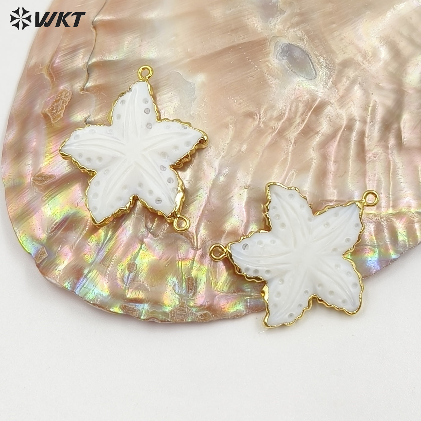 WT-JP459 Fashion Ocean Series 18K Gold Plated Natural Shell Starfish Shape Pendant With Double Hoops As Jewelry Findings