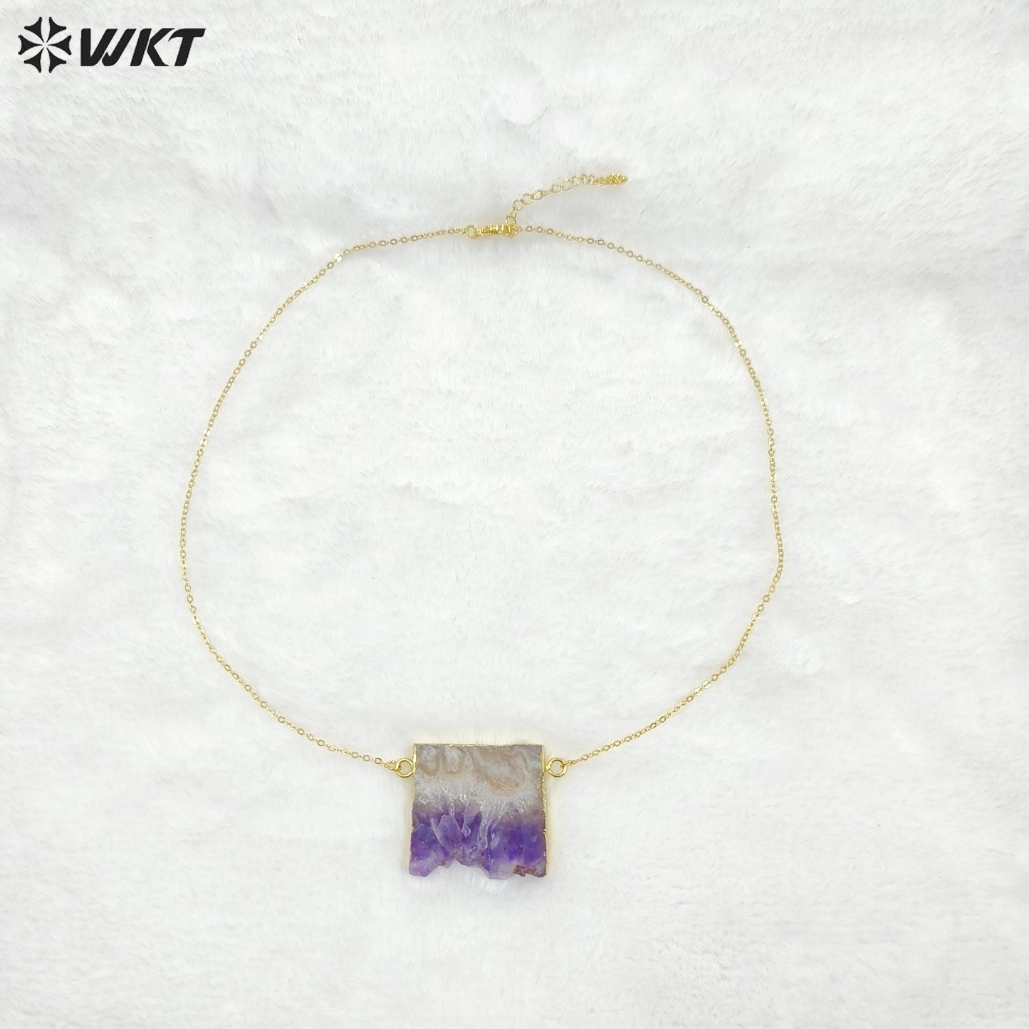 WT-N121 Amazing Unique Slice Natural Druzy Amethyst Stone Necklace With 18K Gold Plated on Trim Energy Gemstone Pendant