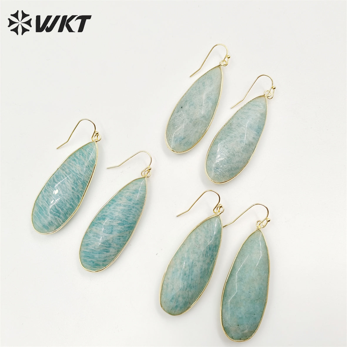 WT-E708 Women Gorgeous Double Faceted Cut Long Waterdrop Amazonite Earrings 18k Gold Bezel Dangle Earrings for Girls