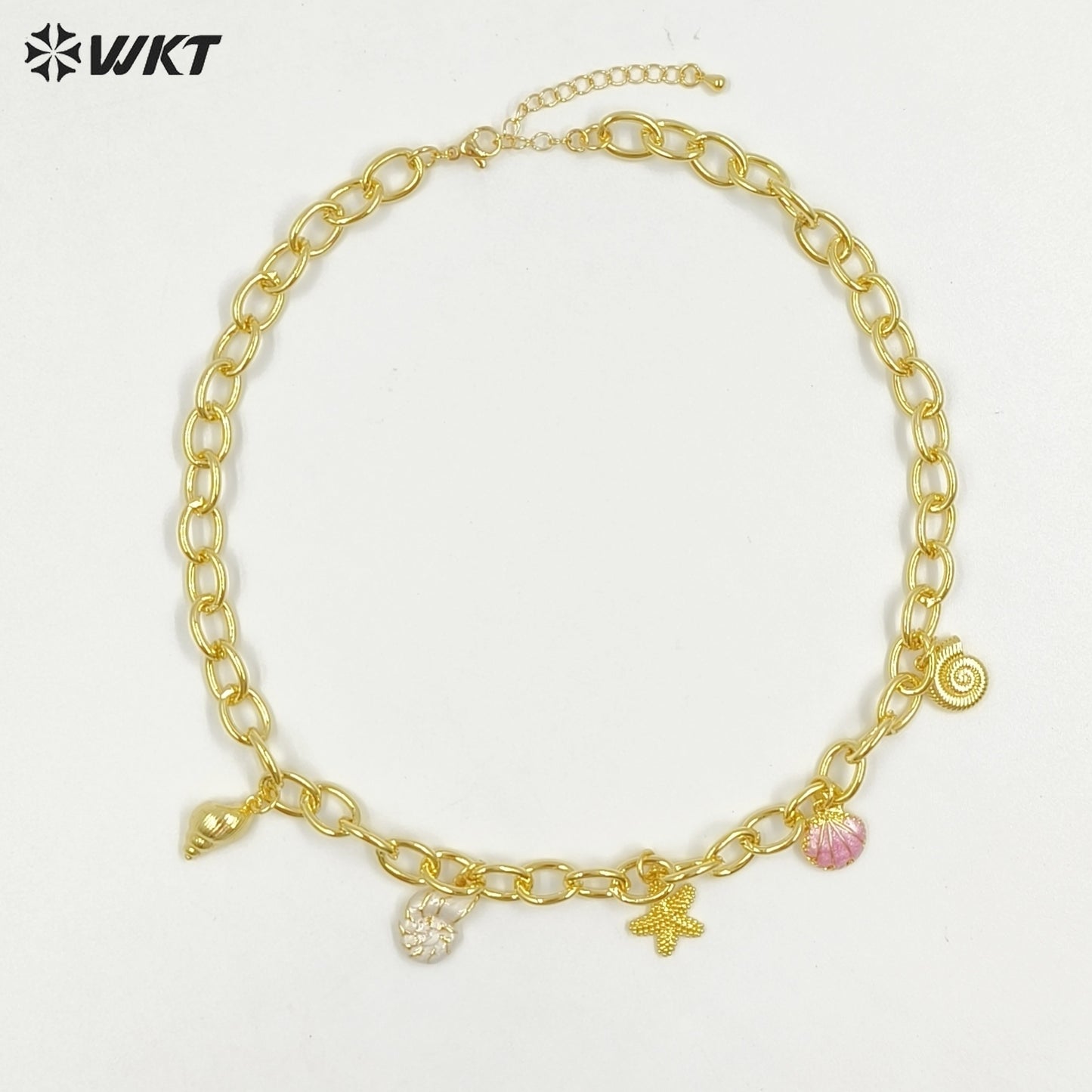 WT-JFN48 High Quality Yellow Brass Big Chain Gold Plated With Ocean Shells Charms Necklace For Ladies Summer Beach Theme Party