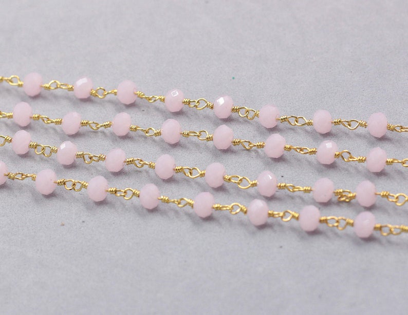 WT-RBC188 New Pink Crystal 3mm Faceted Beads Rosary Chain Fashion Gold Plated Resist Tarnishable Handmade Wire Wrapped Chain