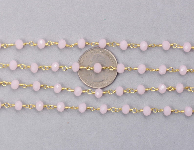 WT-RBC188 New Pink Crystal 3mm Faceted Beads Rosary Chain Fashion Gold Plated Resist Tarnishable Handmade Wire Wrapped Chain