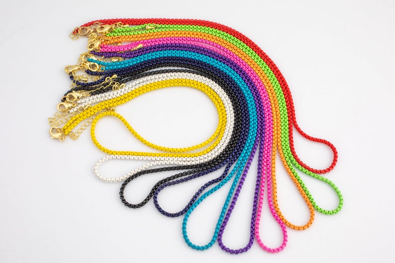 BFN016 Wholesale Summer Hot Sales rainbow Color Box Chain Necklace 18 Inch Long Simple Brass Metal Enamel Chain for Pendants