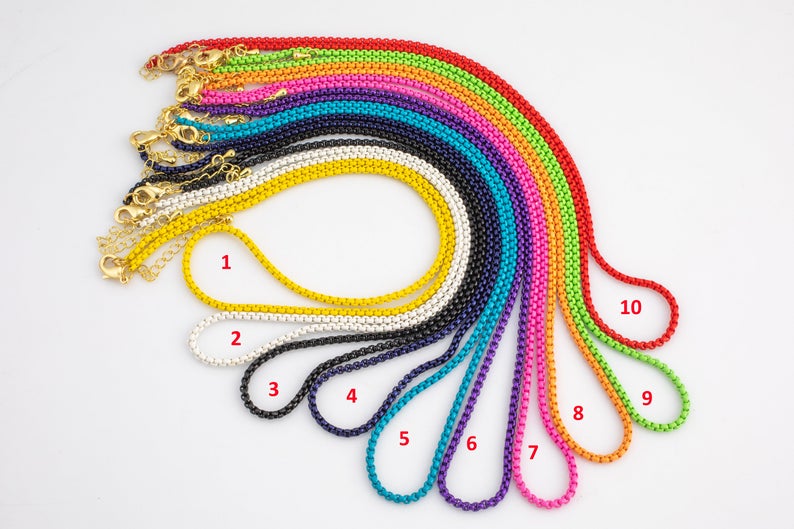 BFN016 Wholesale Summer Hot Sales rainbow Color Box Chain Necklace 18 Inch Long Simple Brass Metal Enamel Chain for Pendants