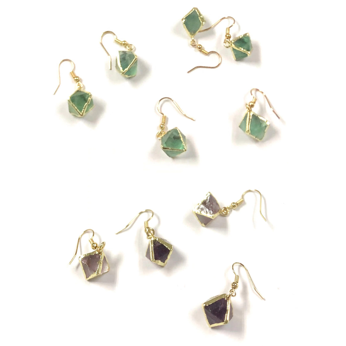 WT-E080 WKT Unique Natural Raw Handmade rainbow Fluorite Stone Earrings Gold Trim Octahedral Stone Earring Charm Gift
