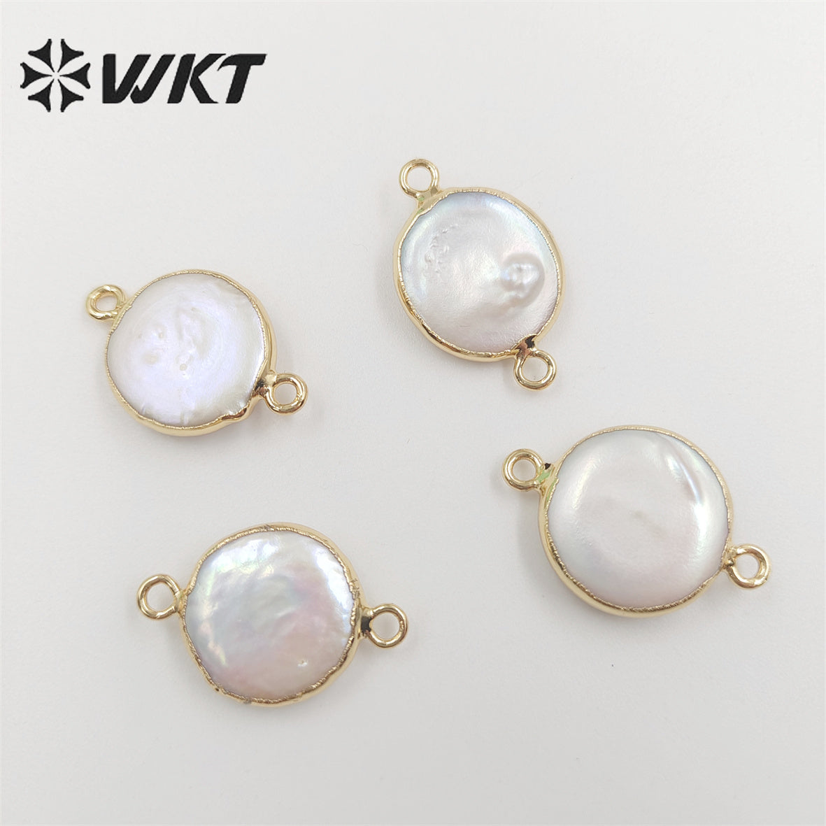WT-C152 Unique Round Pearl Connector Wholesale for Jewelry Making, Double Loops Natural Pearl Connector with 24k Gold Plated