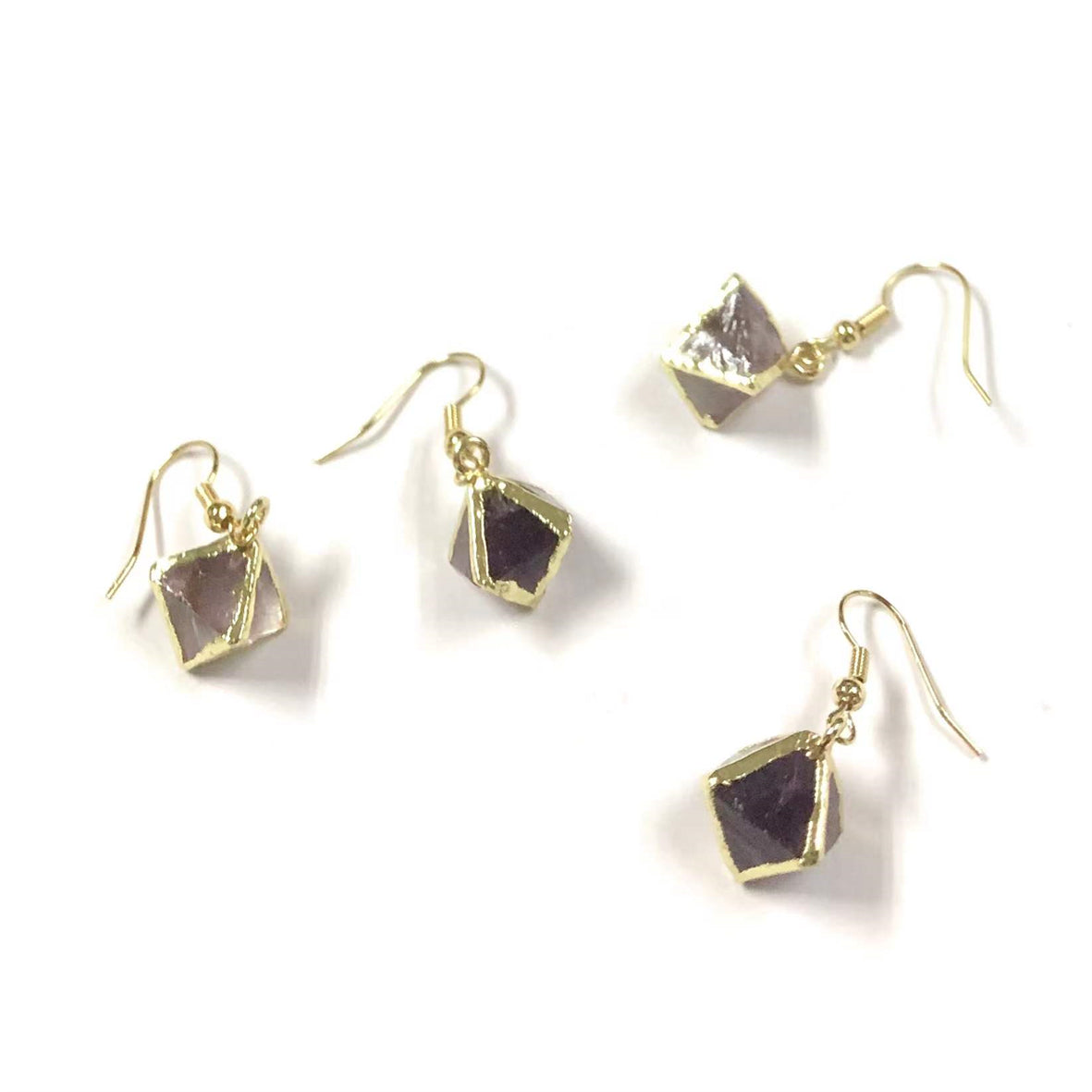 WT-E080 WKT Unique Natural Raw Handmade rainbow Fluorite Stone Earrings Gold Trim Octahedral Stone Earring Charm Gift