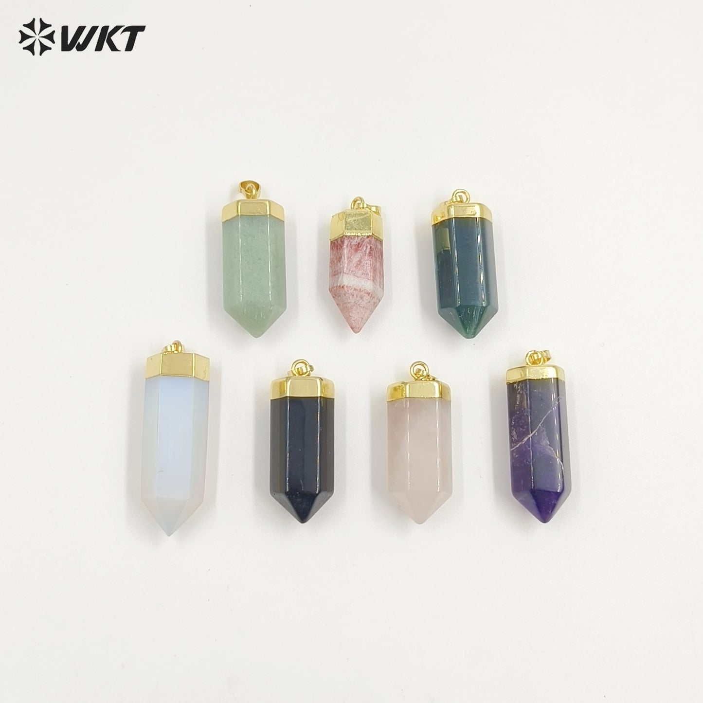 WT-P2007 Natural Precious Hexagon Gemstone Quartz Point Bullet Pendant with Gold Plated on Top Energy Jewelry Pendants