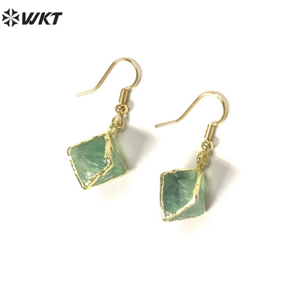 WT-E080 WKT Unique Natural Raw Handmade rainbow Fluorite Stone Earrings Gold Trim Octahedral Stone Earring Charm Gift