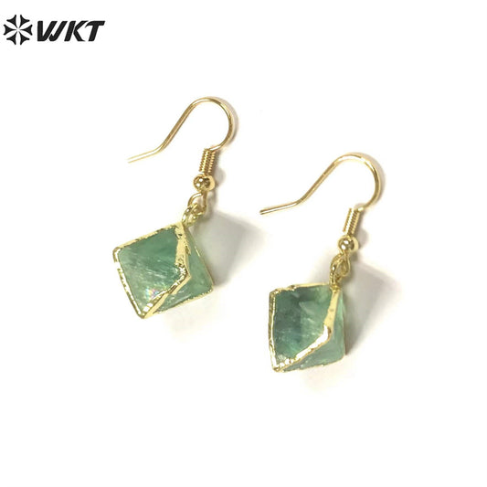 WT-E080 WKT Unique Natural Raw Handmade rainbow Fluorite Stone Earrings Gold Trim Octahedral Stone Earring Charm Gift
