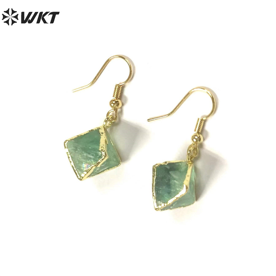WT-E080 WKT Unique Natural Raw Handmade rainbow Fluorite Stone Earrings Gold Trim Octahedral Stone Earring Charm Gift
