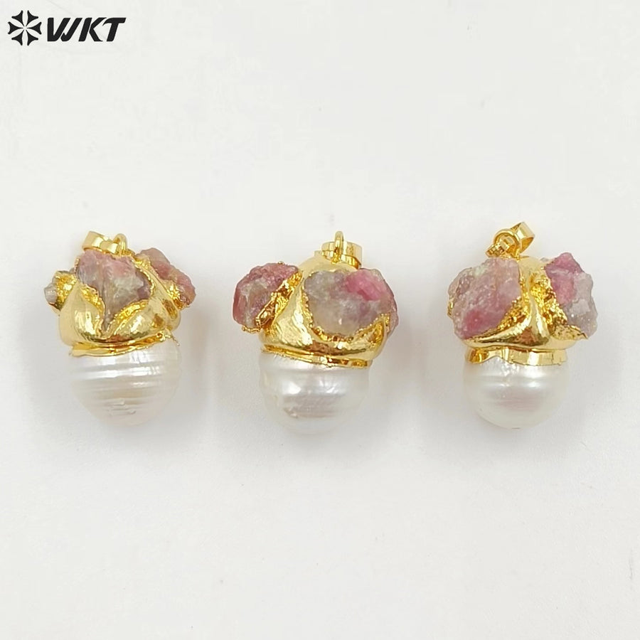 WT-JP377 Newest Fashion 18K Real Gold Plated Natural Baroque Pearl Pendants With Tourmaline Charms on Cap