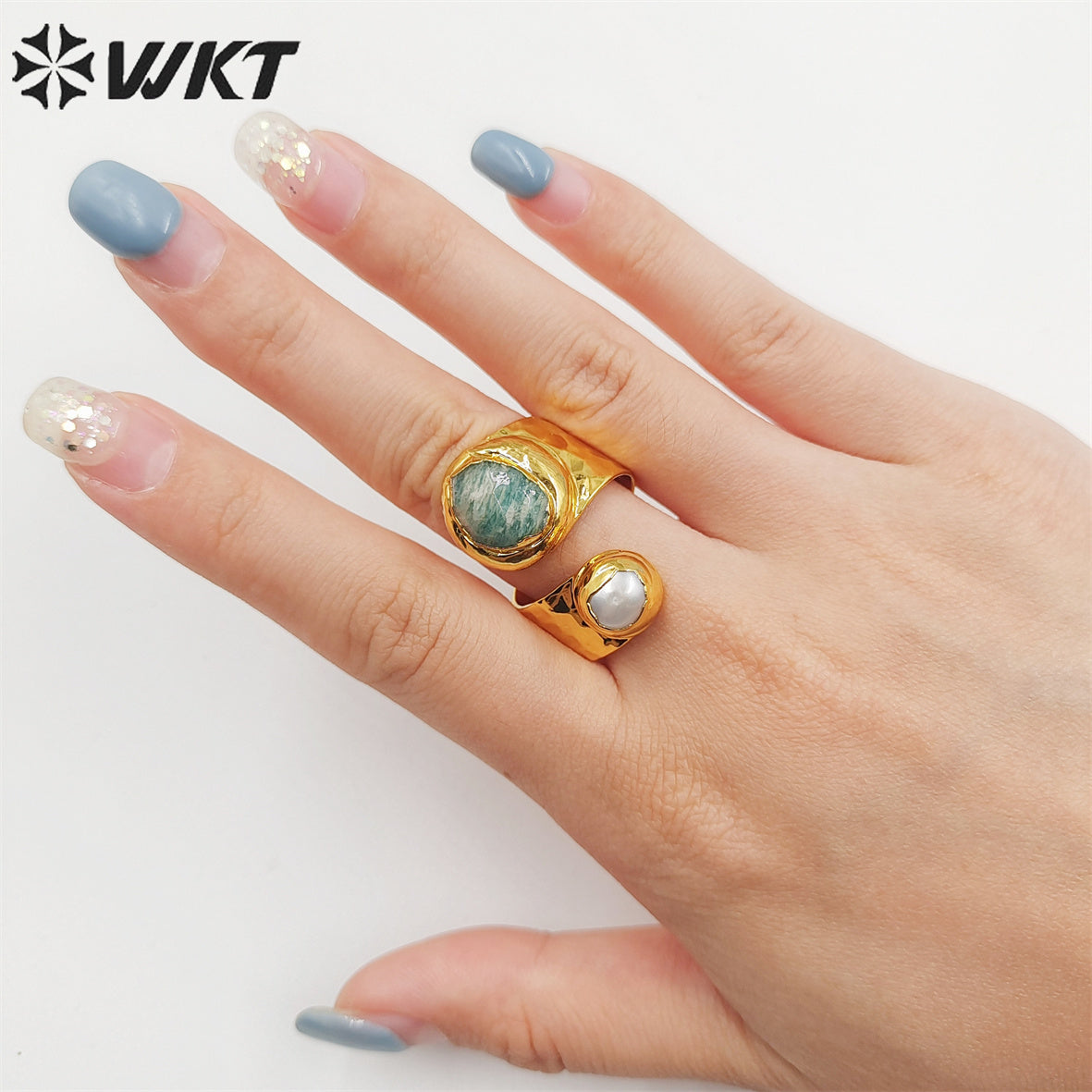 WT-R438 Amazing Hot Double Stone Ring for Women 18k Real Gold Plated Resist Tarnishable Amazonist Pearl Ring for Birthday