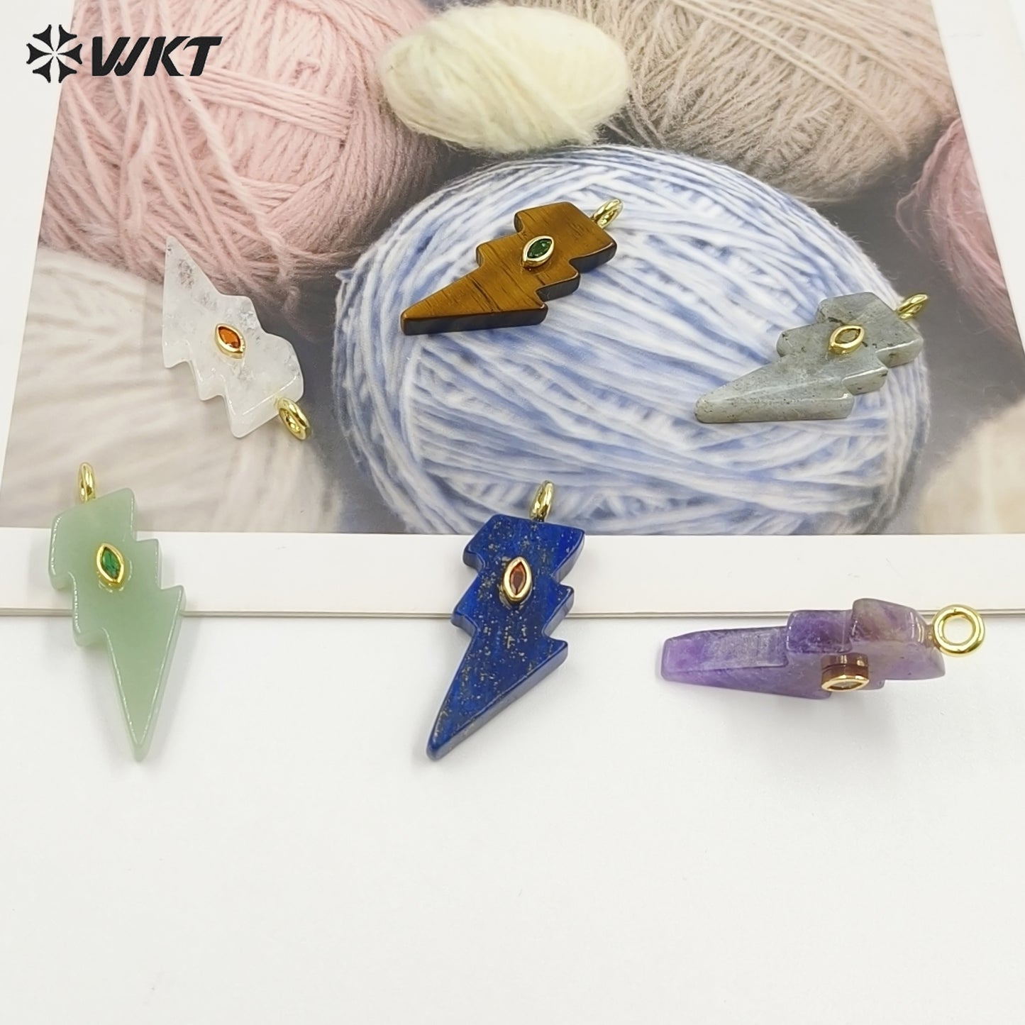 WT-P2100 Factory Wholesale Various Natural Gemstone With Zircon Lightning Shape Pendants For Friend Gifts Making Findings
