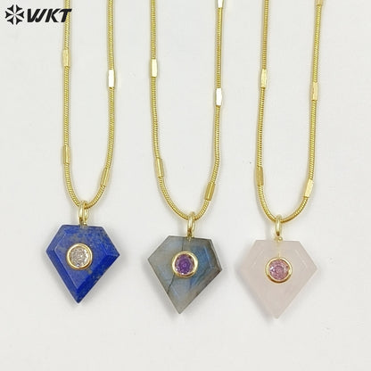 WT-N1508 Wonderful 18K Gold Plated Zircon Labradorite Natural Gemstone Diamond Shape Pendant Necklace As Women Fashion Accessory