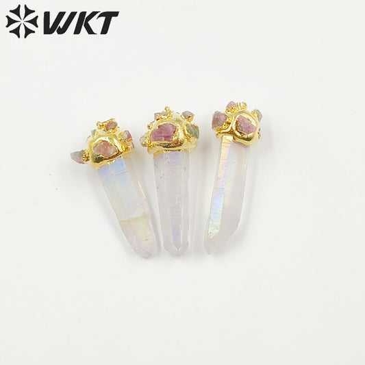 WT-P1916 New Precious Aura Crystal Quartz With Tourmaline Charm Claw Setting Oval Amazonite Amethyst Stone Pendants