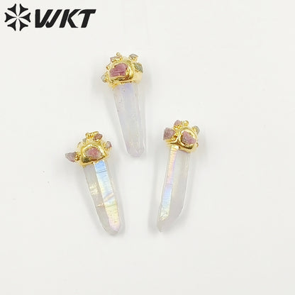 WT-P1916 New Precious Aura Crystal Quartz With Tourmaline Charm Claw Setting Oval Amazonite Amethyst Stone Pendants