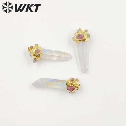 WT-P1916 New Precious Aura Crystal Quartz With Tourmaline Charm Claw Setting Oval Amazonite Amethyst Stone Pendants