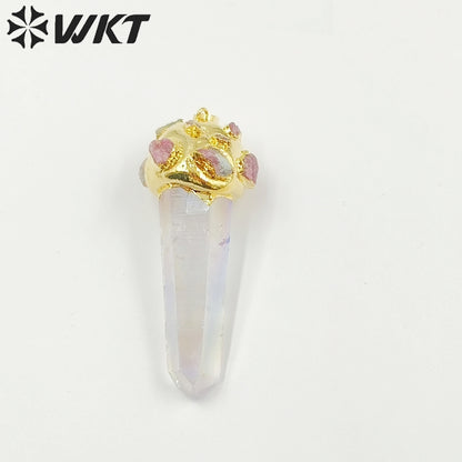 WT-P1916 New Precious Aura Crystal Quartz With Tourmaline Charm Claw Setting Oval Amazonite Amethyst Stone Pendants
