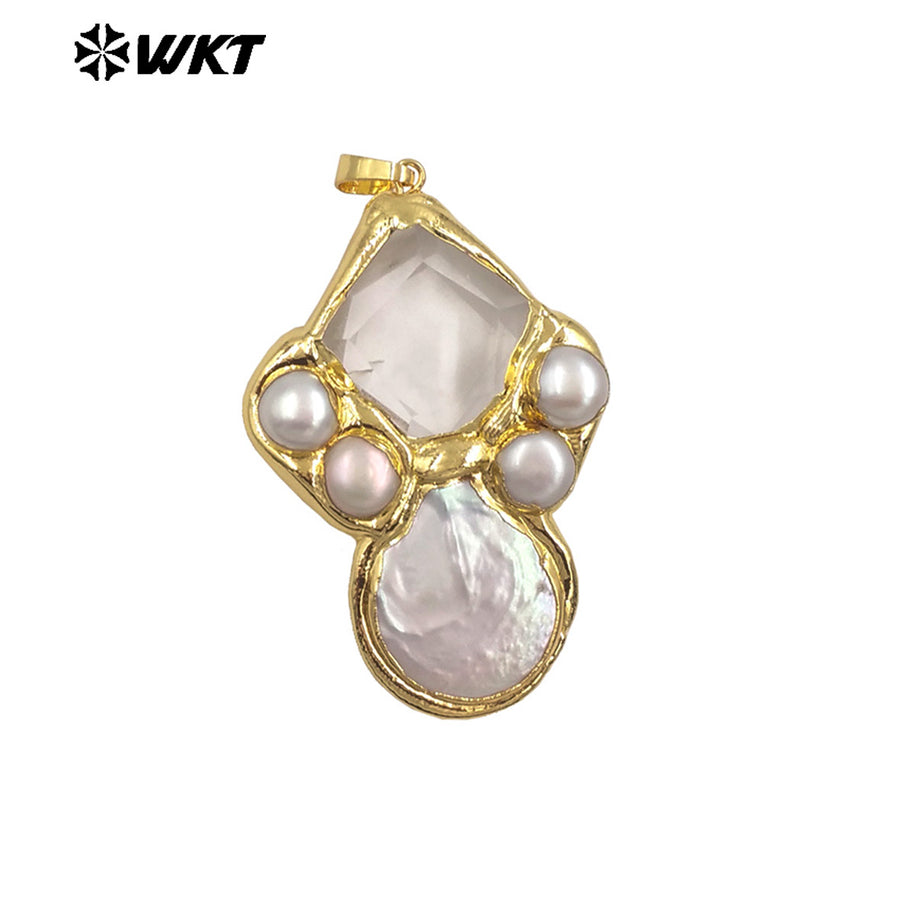 WT-JP423 Gorgeous Back Full Plated With 18K Gold Multi Colors Natural Stones And Pearls Pendants For Women Necklace Handmade