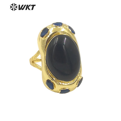 WT-R501 Lovely New Europe Design 18K Real Gold Plated Oval Stone With Zircon Around Unisex Popular Gemstone Ring
