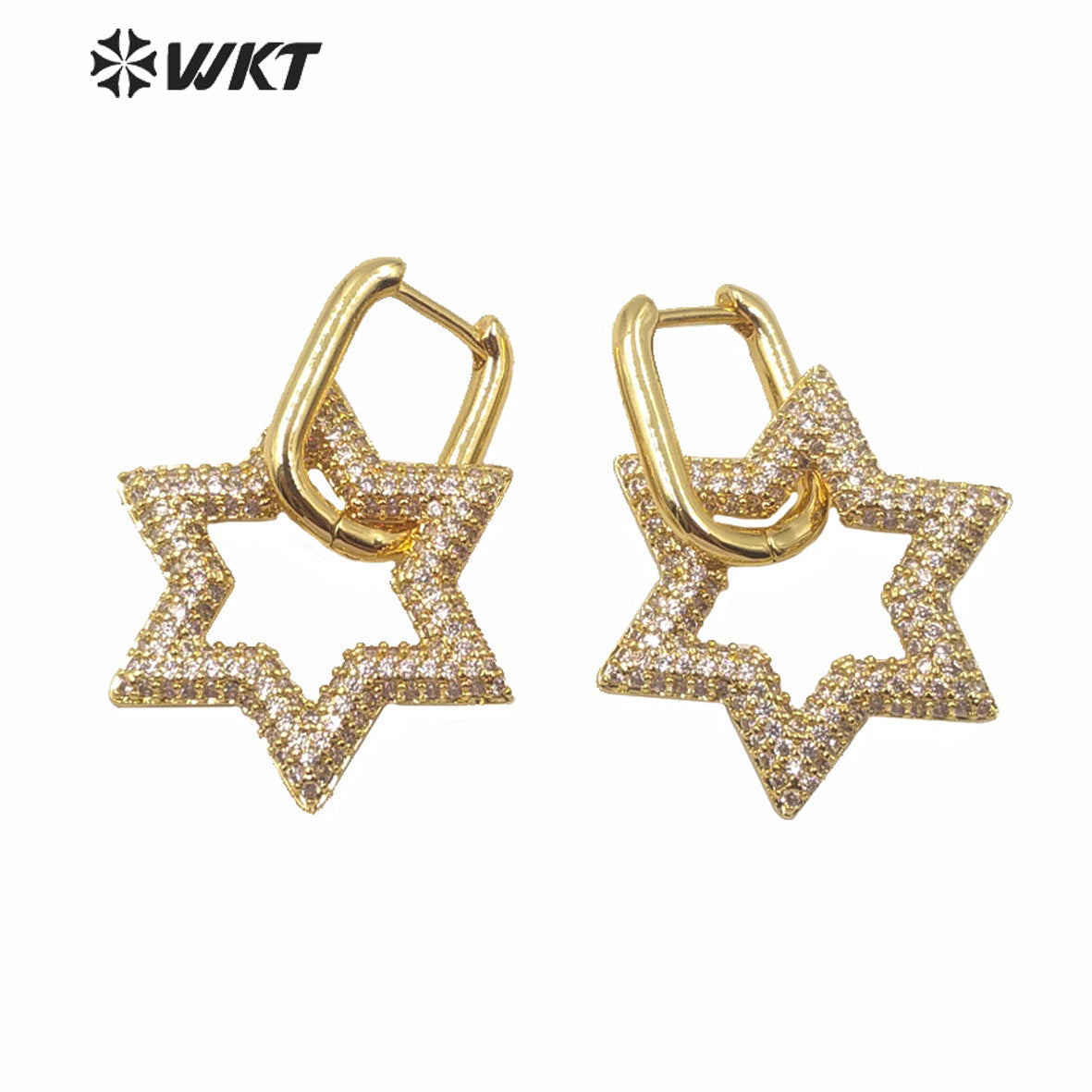 WT-ME074 Supper Hot Unique Shinning Cubic Zircon Earrings Gold Plated Star Heart Clasp Earrings Fashion Gold Cz Earrings
