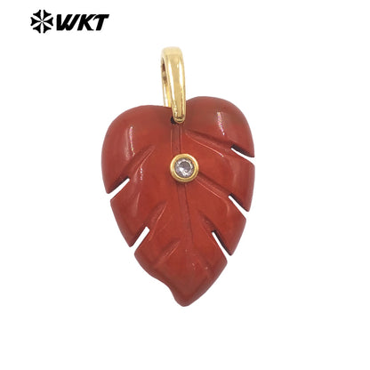 WT-P2141 Wonderful Zircon And Multi Colors Natural Gemstones Hand Carved Leaf Shape Gold Pendants For Lady Earrings DIY