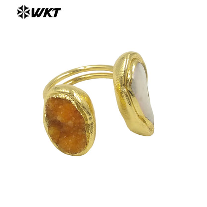 WT-MPR118 New Product Explosion Fashion 18K Gold Plated Pearl Druzy Quartz Double Stone Open Size Ring for Women As Special Gift