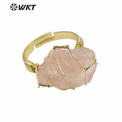 WT-R366 WKT New Design Gold Hand Make Wire Wrapped Mineral Stone Ring Women Fashion Hot Raw Quartz Fluorite Ring