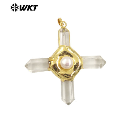 WT-P1967 Wholesale Fashion Gold Plated Cross Healing Energy Gemstone Point Anchor Pendants Special Rose Quartz Jewelry