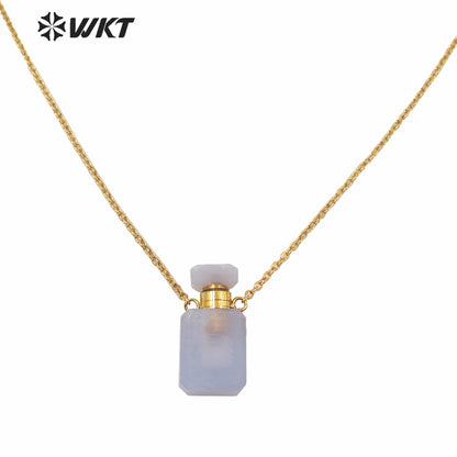 WT-N1239 Amazing Gold Electroplated Mini Cabochon Faceted Natural Stone Perfume Bottle Necklace Women Hot Essential Oil Necklace
