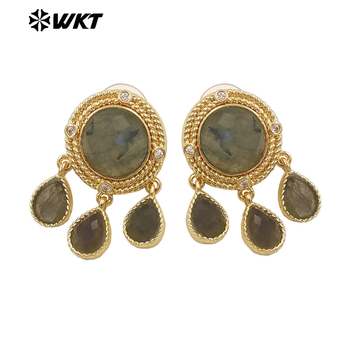 ME120 Wonderful Design Natural Gemstones Earrings With Zircon 18K Gold Plated Three Little Waterdrop Shape Stones Cute Jewelry