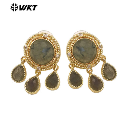 ME120 Wonderful Design Natural Gemstones Earrings With Zircon 18K Gold Plated Three Little Waterdrop Shape Stones Cute Jewelry