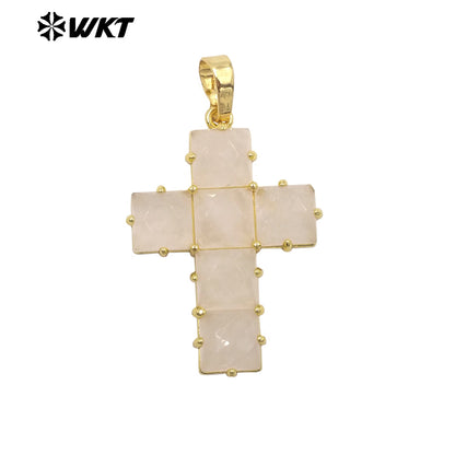 WT-P2113 Wonderful Gold Plated Square Natural Gemstones Splicing Cross Shape Pendants As Friend Handmade Jewelry Gift Findings