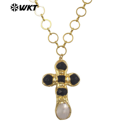 WT-JN374 Factory Wholesale Metal Chain With Natural Gemstone And White Shell Cross Pendant Necklace As Girl Daily Jewelry