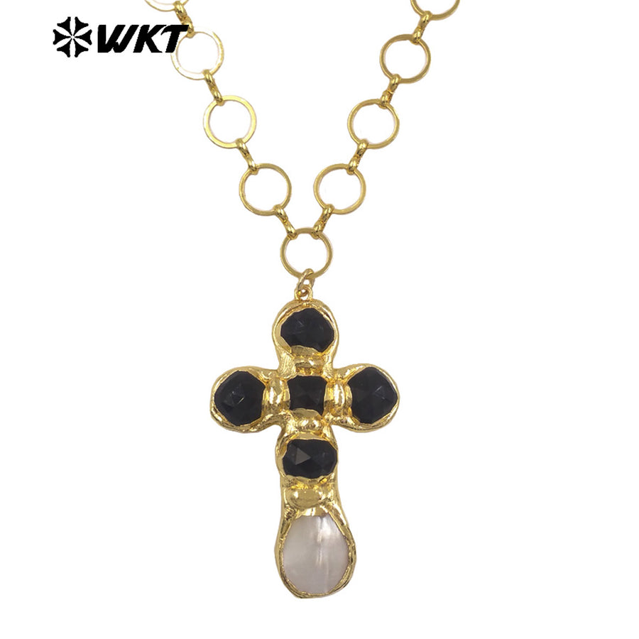 WT-JN374 Factory Wholesale Metal Chain With Natural Gemstone And White Shell Cross Pendant Necklace As Girl Daily Jewelry