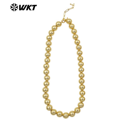 WT-JFN14 Fashionable 18K Real Gold Plated Round Big Brass Beads Hand Strand Chain Necklace 10 and 12MM Available