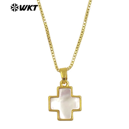 WT-JN283 Amazing Gold Plated Religious Natural Abalone Shell Cross Pendant Necklace for Women 10PCS