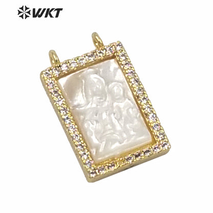 WT-MP181 Wholesale Unique Double Loops Micro Pave Bezel Seting Natural Christian Religious MOP Heart Pendant 11x16mm