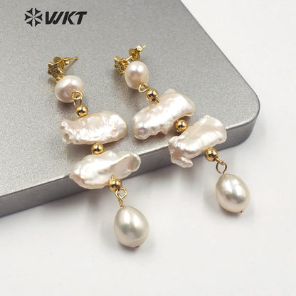WT-MPE015 Wholesale Elegant Freshwater Pearl Long Earring Real Gold Plated Lady Charm Jewelry Natural Pearl Dangling Earring