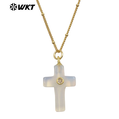 WT-N1533 Popular Sale Gold Chain With Colorful Natural Gemstones Cross Shape Charms Necklaces As Women Daily Wearing Jewelry