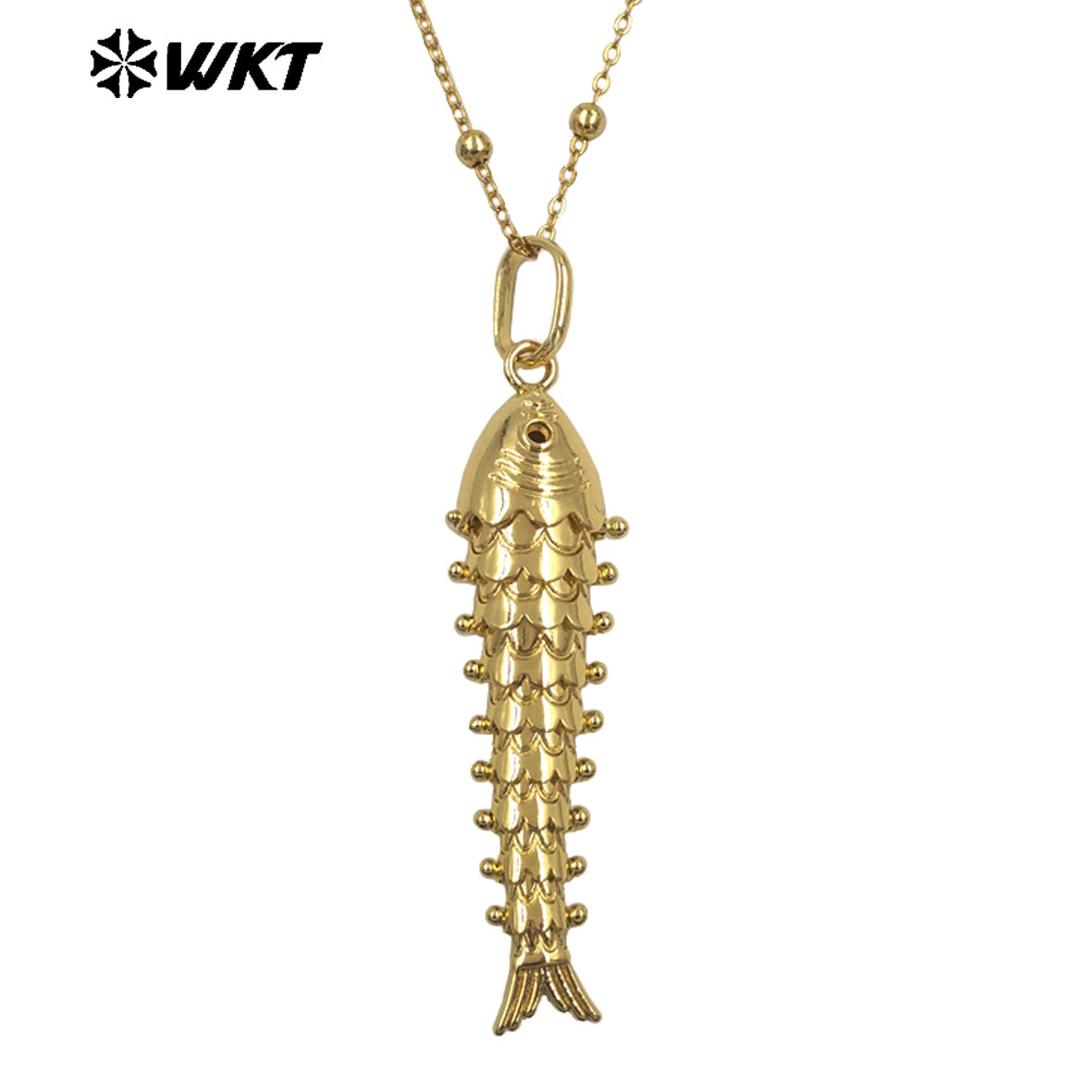 WT-N1515 Exquisite Thin Beads Chain Gold Electroplated Yellow Brass Fish Shape Pendant Necklace For Friends New Year Gift