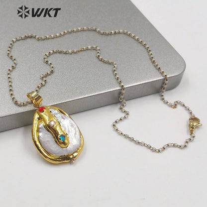 WT-MN965 Gold Plated Freshwater Pearl With CZ Charm Necklace Fashion Lady Jewelry Natural Pearl Necklace